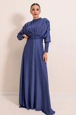 By Saygı Front Back Gathered Sleeves Button Detailed Lined Long Satin Dress