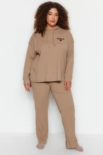 Trendyol Curve Dark Beige Hooded Plain Camisole Plus Size Bottom-Top Suit