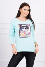 Blouse with cat graphics 3D mint