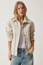 Happiness İstanbul Women's Cream Wide Pocket Oversize Gabardine Jacket