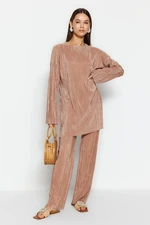 Trendyol Light Brown Self-Pleated Woven Top-Bottom Set