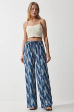 Happiness İstanbul Women's Blue Ecru Patterned Flowing Viscose Palazzo Trousers