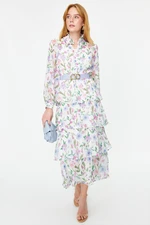 Trendyol Blue Belt Lined Chiffon Floral Woven Dress