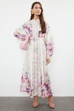 Trendyol Ecru Belted Woven Floral Patterned Dress