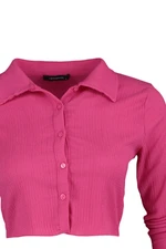 Trendyol Fuchsia Buttoned Fitted Polo Neck Wrap/Textured Crop Knitted Blouse