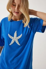 Happiness İstanbul Women's Blue Star Pearl Embroidered Oversize Knitted T-Shirt