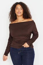 Trendyol Curve Brown Carmen/Madonna Collar Knitted Blouse