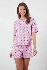 Trendyol Pink 100% Cotton Heart Patterned T-shirt-Shorts Knitted Pajama Set