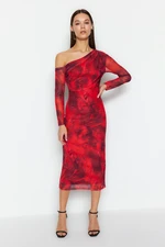 Trendyol Red Patterned Lined Fitted Asymmetrical Collar Flexible Knitted Midi Pencil Dress