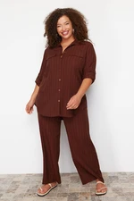 Trendyol Curve Brown Textured Button-Woven Shirt-Trousers Plus Size Bottom-Top Set