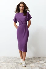 Trendyol Purple 100% Cotton Waist Slit and Tie Detailed Midi Knitted Pencil Dress