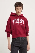 Bavlněná mikina Tommy Jeans dámská, vínová barva, s kapucí, s potiskem, DW0DW19291