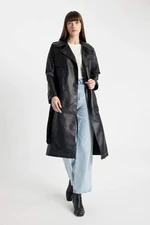 DEFACTO Water Repellent Regular Fit Double Breasted Collar Button Closure Belted Pocket Faux Leather Trench Coat