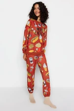 Trendyol Tile Motto Embroidered Patterned Sweatshirt-Jogger Knitted Pajamas Set