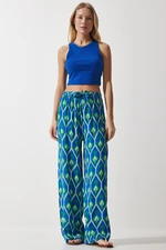 Happiness İstanbul Women's Blue Green Patterned Flowing Viscose Palazzo Trousers