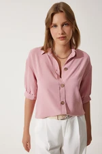 Happiness İstanbul Women's Pink Balloon Sleeve Linen Ayrobin Shirt