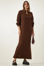 Happiness İstanbul Women's Brown Zipper Collar Ribbed Long Knitwear Dress