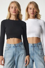 Šťastie İstanbul Dámsky biely čierny manšestrový dvojbalený sveter crop top