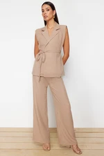 Trendyol Dark Beige Double Breasted Tied Woven Blouse-Pants Set