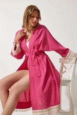 Happiness İstanbul Women's Dark Pink Tassel Guipure Detailed Long Linen Kimono