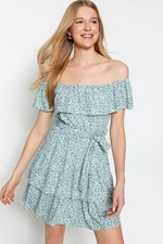 Trendyol Mint Floral Printed Carmen Collar Flounce and Ruffle Detailed Mini Knitted Dress