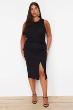 Trendyol Curve Black Crepe Fabric Midi Knitted Skirt with Drape and Slit Detail