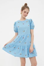 Trendyol Blue Straight Cut Mini Woven Lined Floral Embroidery Woven Dress