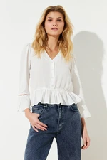 Trendyol Ecru V-Neck Lace Detailed Ruffled Hem Regular Normal Fit Woven Shirt