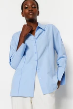 Trendyol Light Blue Rib Detailed Oversize Wide Cut Woven Shirt with Slits on the Sleeves