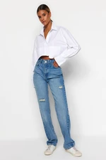 Trendyol Blue Ripped High Waist Long Straight Jeans