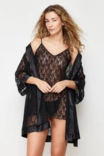 Trendyol Black Lace Floral Rope Strap Knitted Nightgown