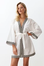 Trendyol White Belted Mini Woven Kimono &amp; Kaftan