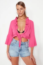 Trendyol Fuchsia Crop Woven Frilly Blouse