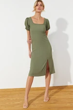 Trendyol Khaki Square Collar Balloon Sleeve A-Line Slit Detailed Wrap/Textured Midi Knitted Dress