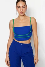 Trendyol modro-zelený crop top s tkaným lemem