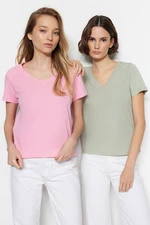 Trendyol Pink-Mint 100% Cotton 2-Pack Basic V-Neck Knitted T-Shirt