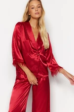 Trendyol Burgundy Feather Detailed Satin Shirt-Pants Woven Pajamas Set