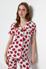 Trendyol White Strawberry Patterned Piping Detailed Sleep Band Knitted Pajama Set