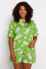 Trendyol Curve Green Rabbit Printed Cotton Knitted Pajamas Set