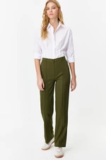 Trendyol Khaki Straight/Straight Fit High Waist Ribbed Stitched Woven Trousers