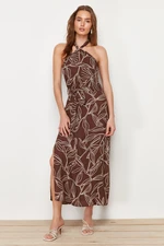 Trendyol Brown Belted Floral Print A-Cut Slit Detailed Woven Dress