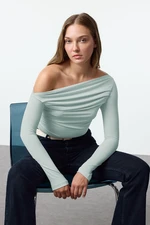 Trendyol Mint Gathered/Draped Detailed Fitted/Fits the Body Long Sleeve Flexible Knitted Blouse