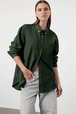 Trendyol Dark Green Oversize Woven Shirt with Stone Detail on Collar