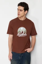 Trendyol Brown Oversize/Wide Cut Landscape-Text Printed 100% Cotton T-Shirt