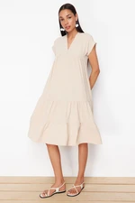 Trendyol Stone Plain Wide Cut V-Neck Skirt Flounced Aerobin Woven Dres