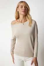 Happiness İstanbul Women's Beige Boat Neck Knitwear Blouse