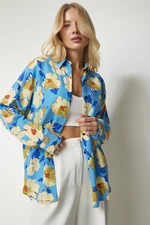 Happiness İstanbul Women's Blue Yellow Patterned Oversized Flowy Viscose Shirt