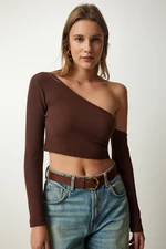 Happiness İstanbul Women's Brown Single Sleeve Ribbed Crop Knitted Blouse