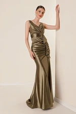 By Saygı Draped Front Flounce Lined Wide Size Long Satin Dress