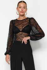 Trendyol Black Gathered Detailed Crew Neck Lace Snaps Knitted Bodysuit